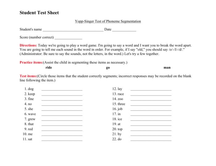 Yopp singer test segmentation phoneme essential components teaching reading rica