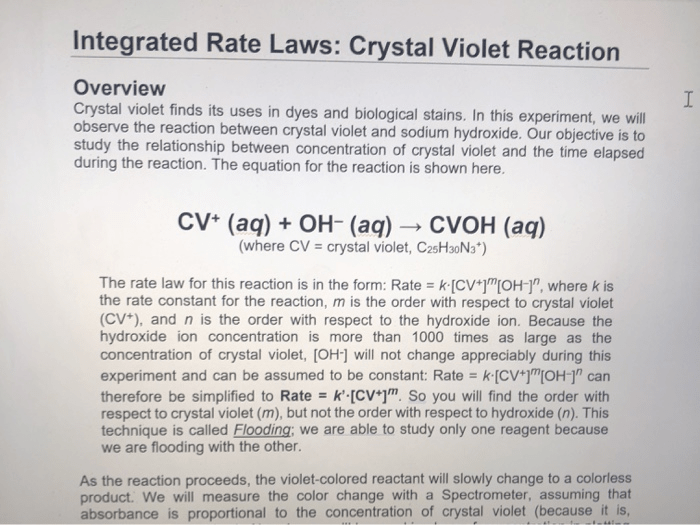 Rate law determination of the crystal violet reaction lab report